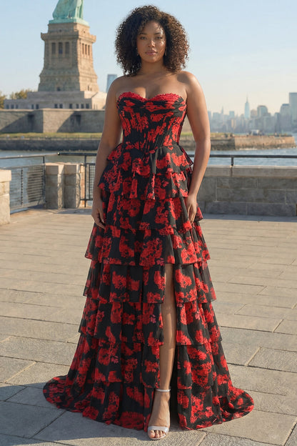 Plus Size Black and Red Floral Strapless Corset Long Prom Dress with Slit