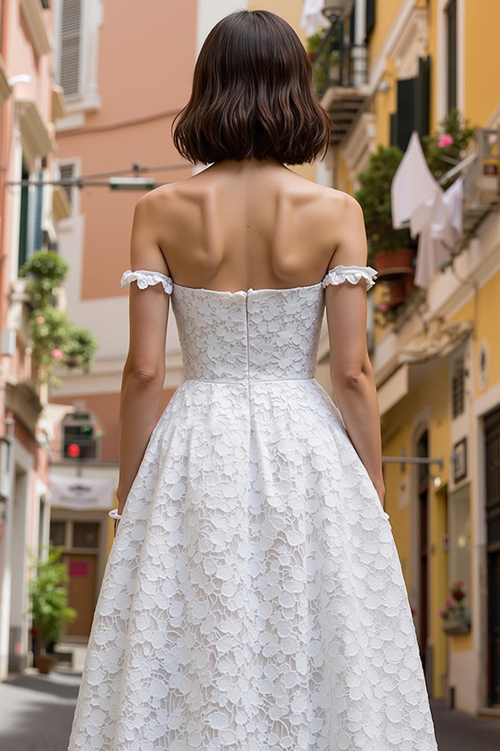 White Lace Off the Shoulder A Line Midi Engagement Dress