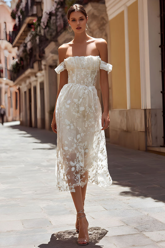 Ivory Floral Off the Shoulder Midi Wedding Dress
