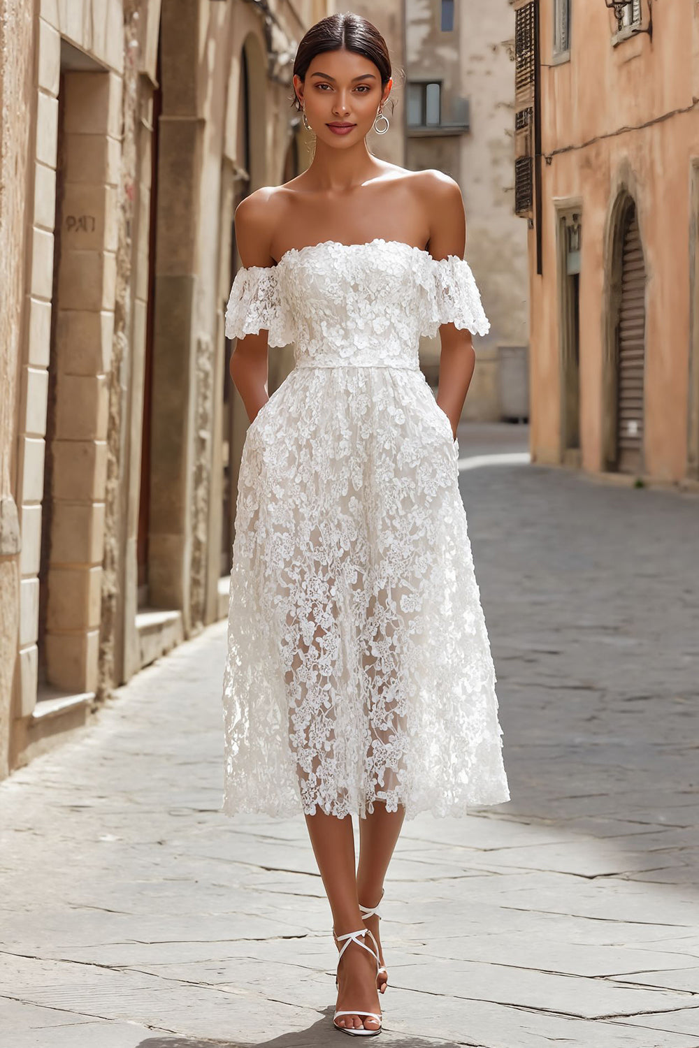 White Lace Off the Shoulder Midi Engagement Dress with Pockets