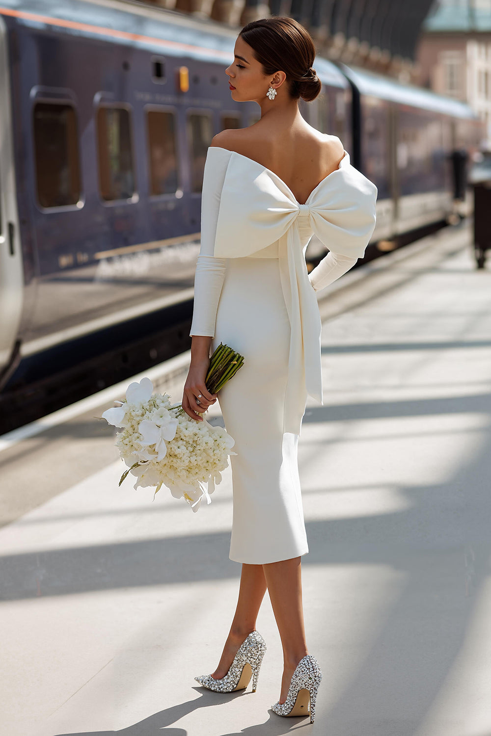 White Off the Shoulder Bodycon Ruched Midi Engagement Dress with Bow