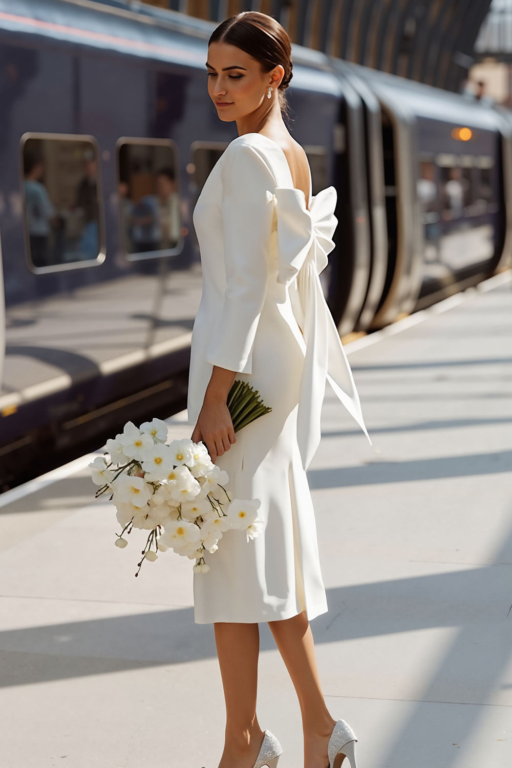 White Round Neck Bodycon Midi Engagement Dress with Bow