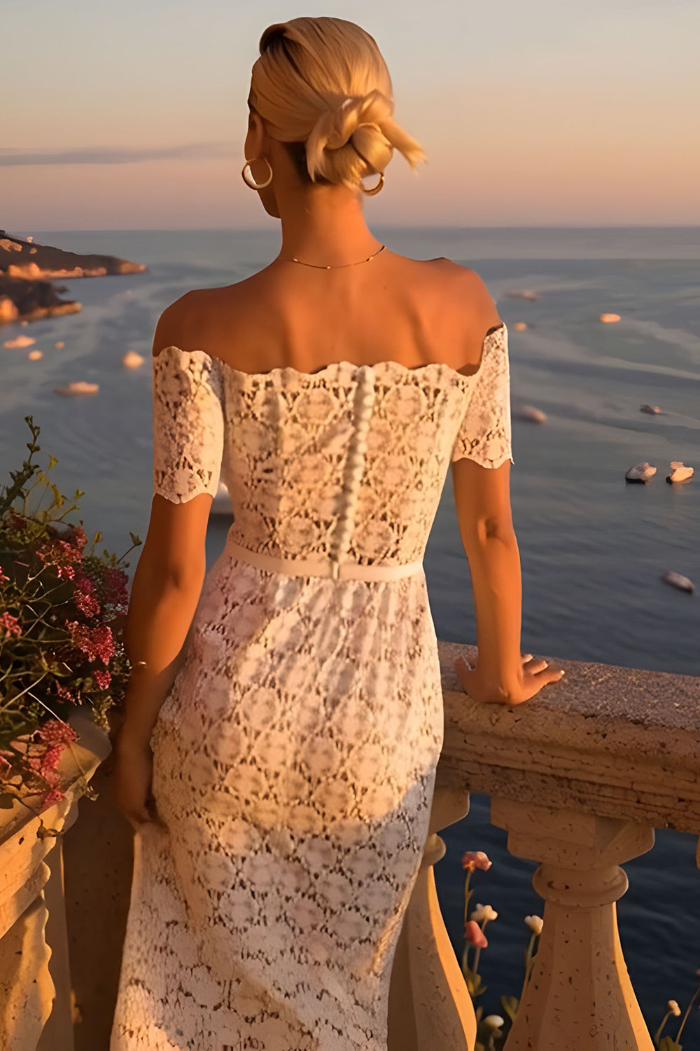 Ivory Lace Bodycon Off the Shoulder Midi Boho Engagement Dress
