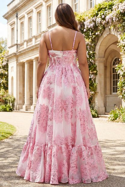 Plus Size Floral Pink Spaghetti Straps Long Corset Prom Dress with Keyhole