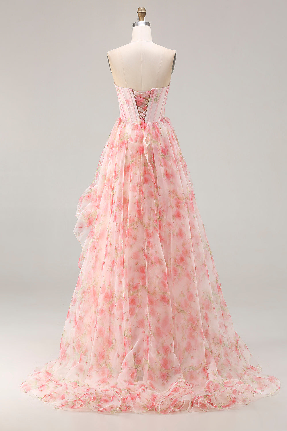 Plus Size Sparkly Floral Pink Beaded A Line Long Corset Prom Dress with Ruffles