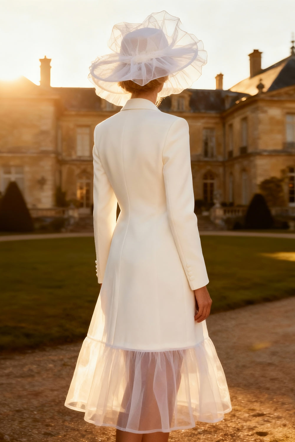 White A Line Peak Lapel Midi Blazer Wedding Dress