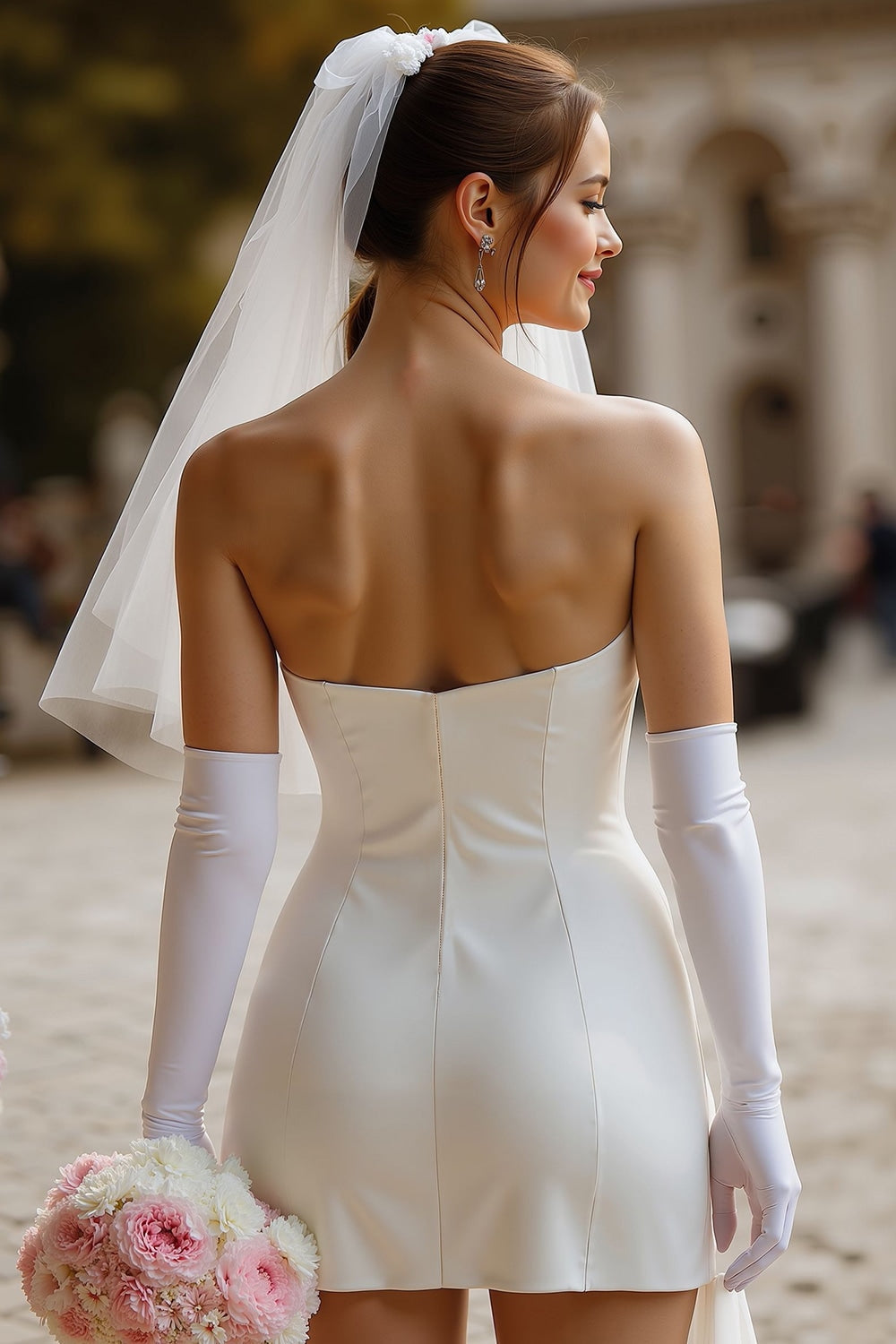White Strapless Bodycon Satin Short Corset Wedding Dress with Bow
