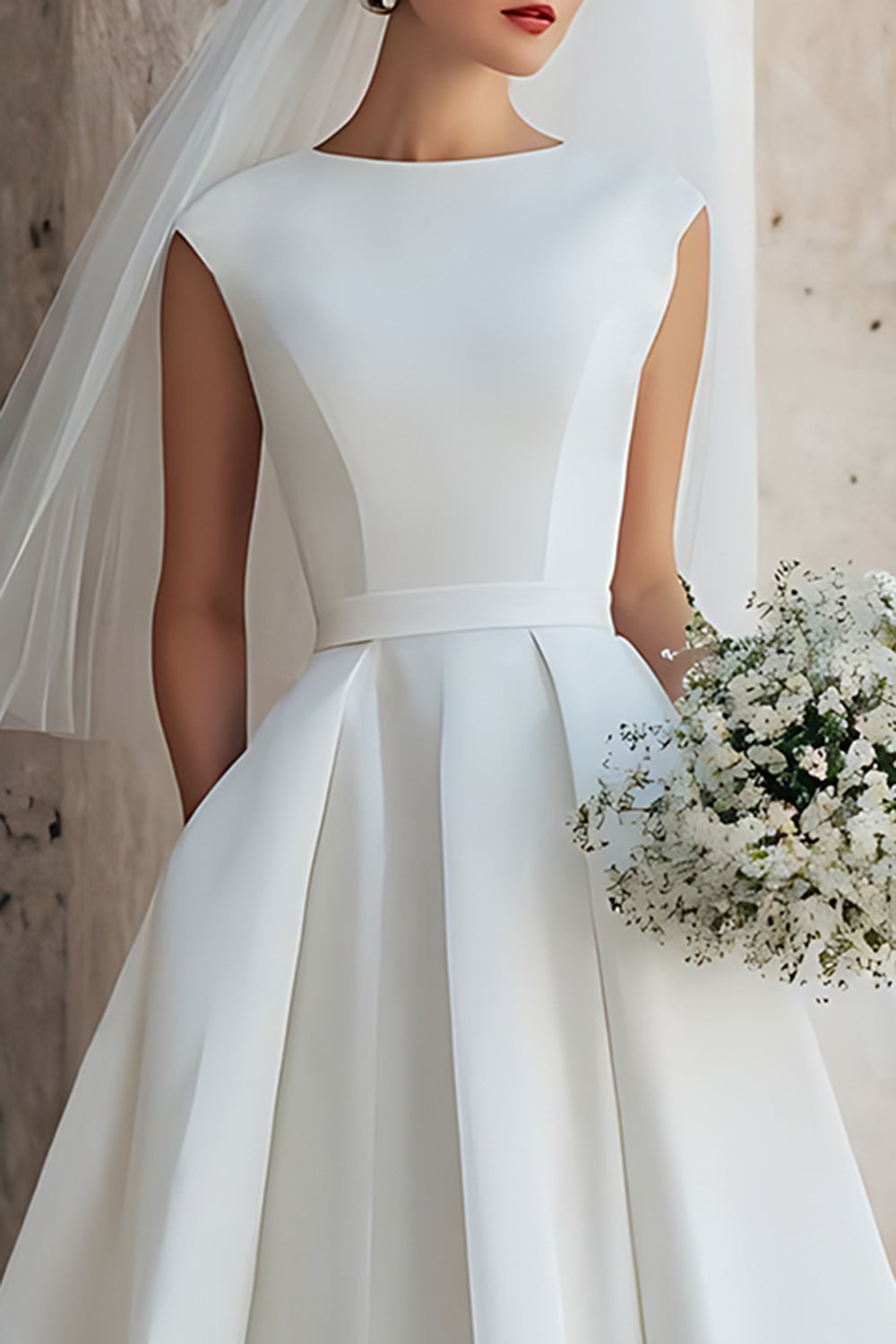 White A-Line Satin Bateau Neck Backless Midi Wedding Dress
