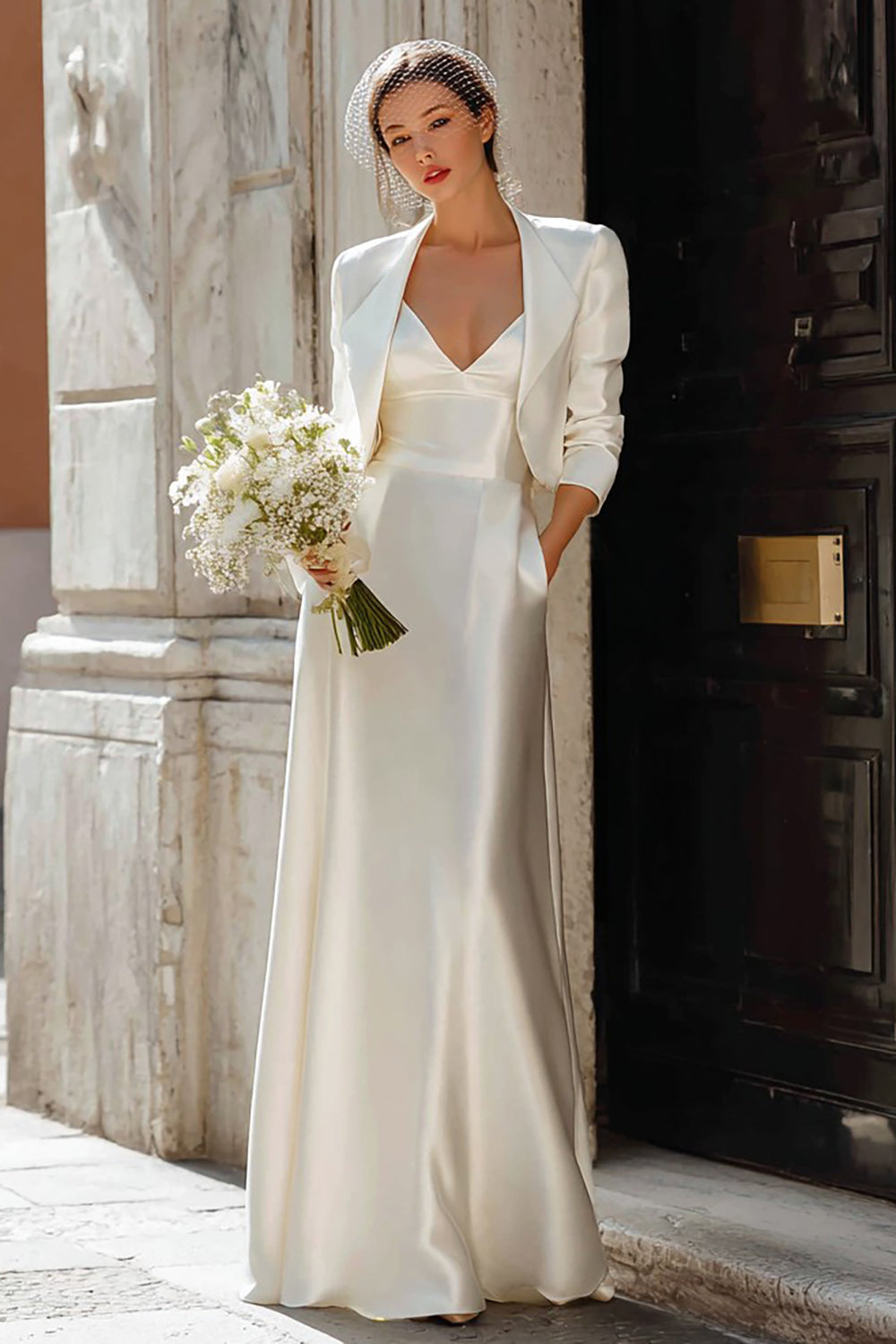 Ivory Satin 2 Piece V Neck Sheath Floor Length Wedding Dress with Jacket