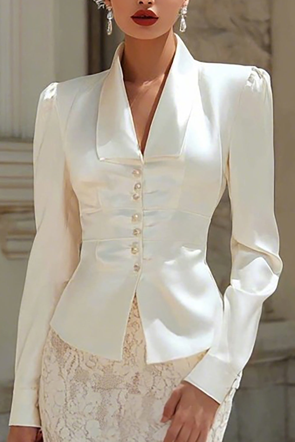 Ivory Satin 2 Piece Shawl Lapel Midi Wedding Outfits with Buttons