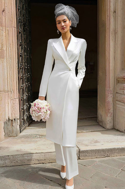Ivory Peak Lapel 2 Piece Long Blazer Wedding Pant Suits with Button