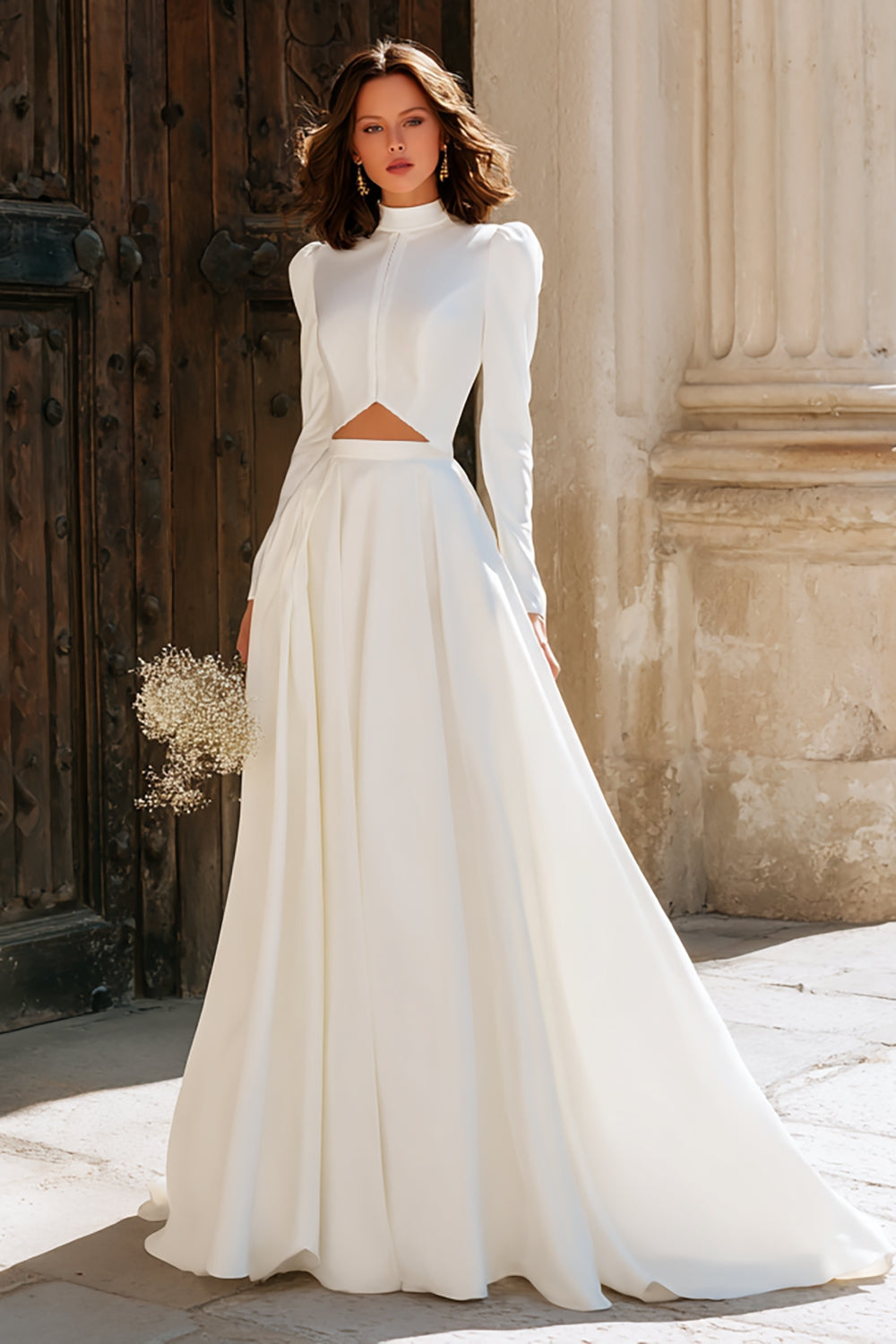Vintage Ivory High Neck A Line Cut Out Sweep Train Wedding Dress with Sleeves