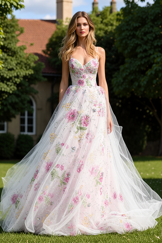 Sparkly White Floral Princess Long Prom Dress