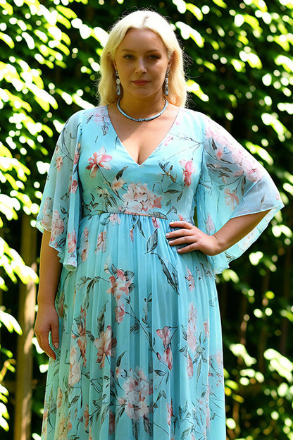 Floral Blue and Pink Batwing Sleeevs Plus Size Long Bridesmaid Dress