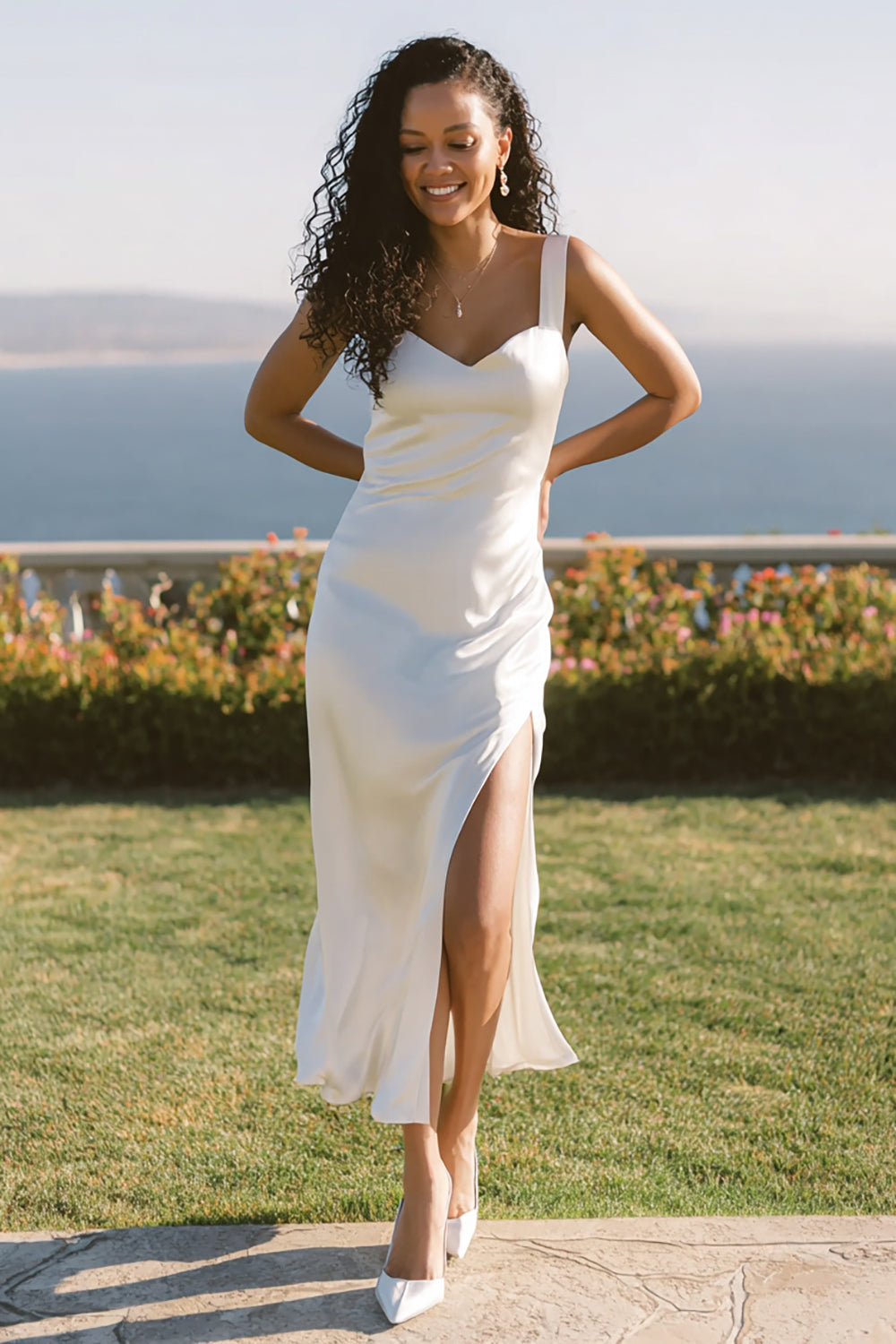 White Thick Straps Sheath Long Engagement Dress with Slit
