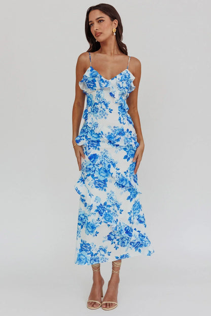 Silvana Frill Trim Maxi Dress Floral Blue