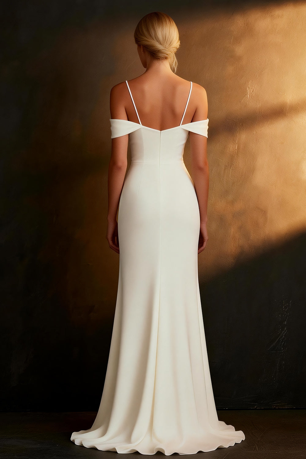 White Satin Cold Shoulder Mermaid Floor Length Wedding Dress