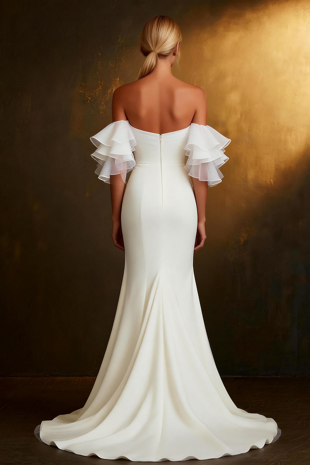 White Off The Shoulder Mermaid Ruffled Sleeves Sweep Train Wedding Dress