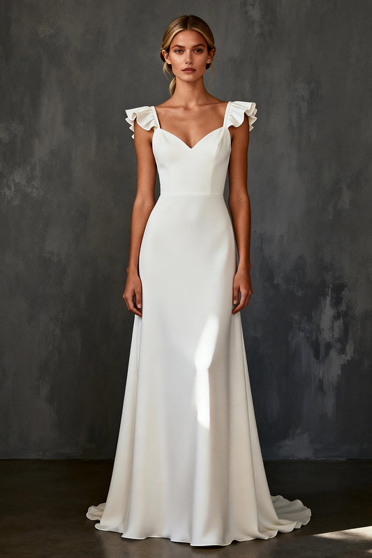 White Satin Mermaid Cap Sleeves Sweep Train Wedding Dress with Ruffles