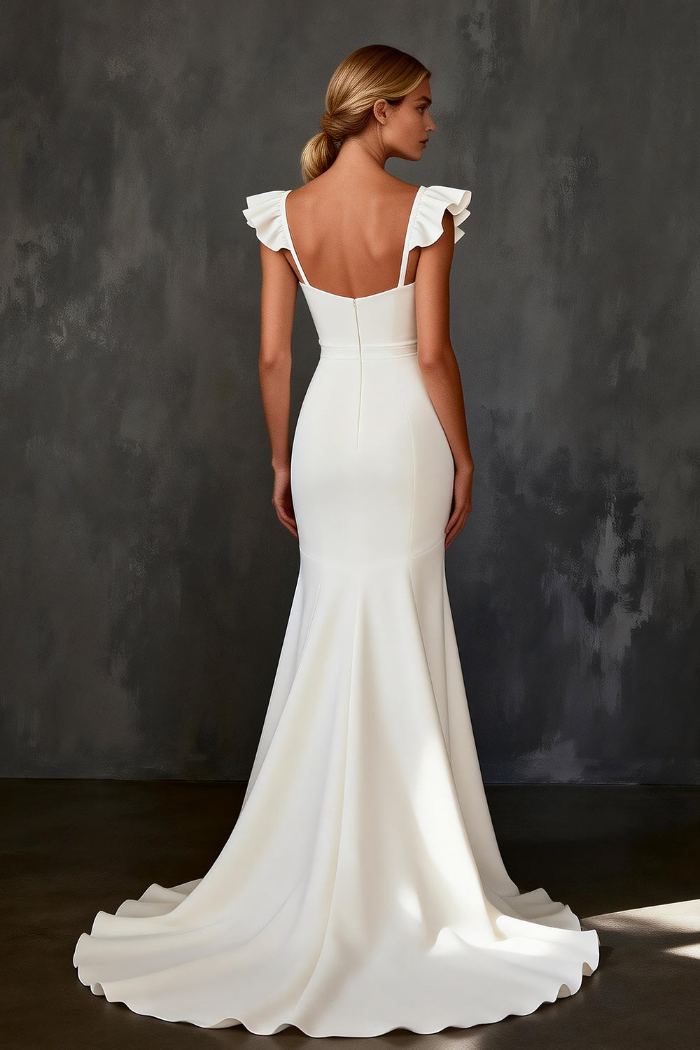 White Satin Mermaid Cap Sleeves Sweep Train Wedding Dress with Ruffles