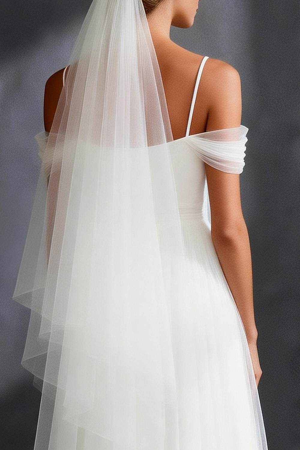 White Tulle Pleated Cold Shoulder A Line Sweep Train Wedding Dress