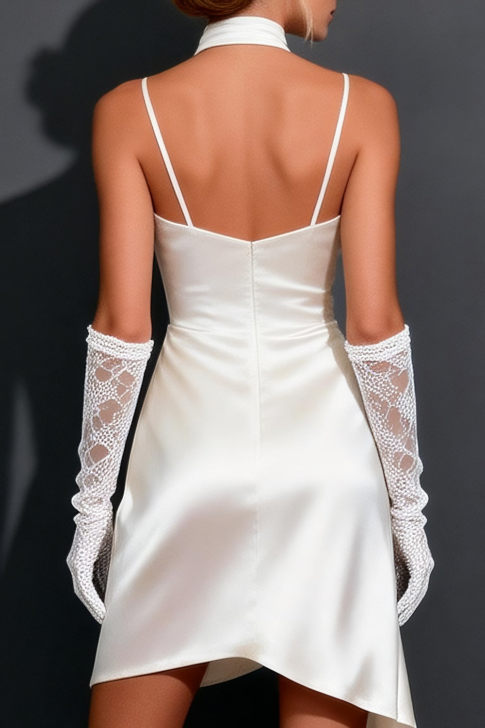 White Satin Ruched Bodycon Halter Short Wedding Dress