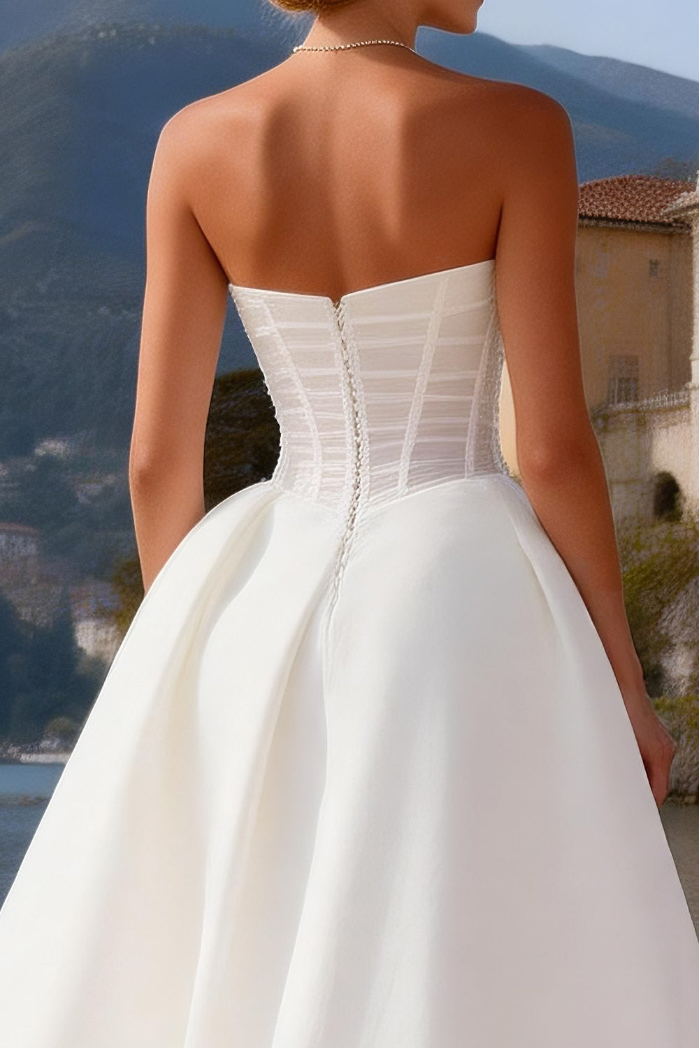 White Satin Corset Sweetheart A Line Sweep Train Wedding Dress