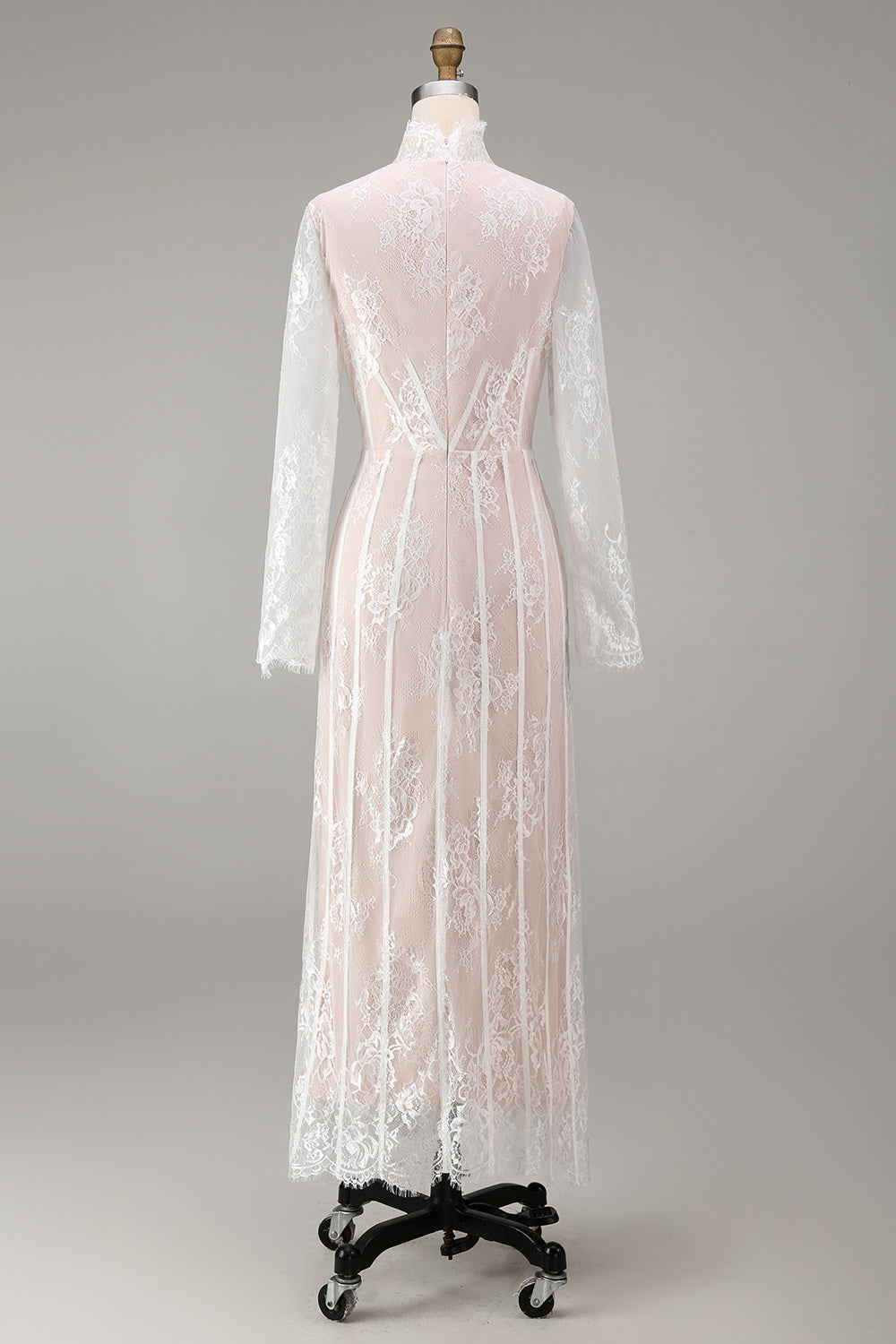 White Corset High Neck Lace Maxi A Line Boho Wedding Dress with Sleeves