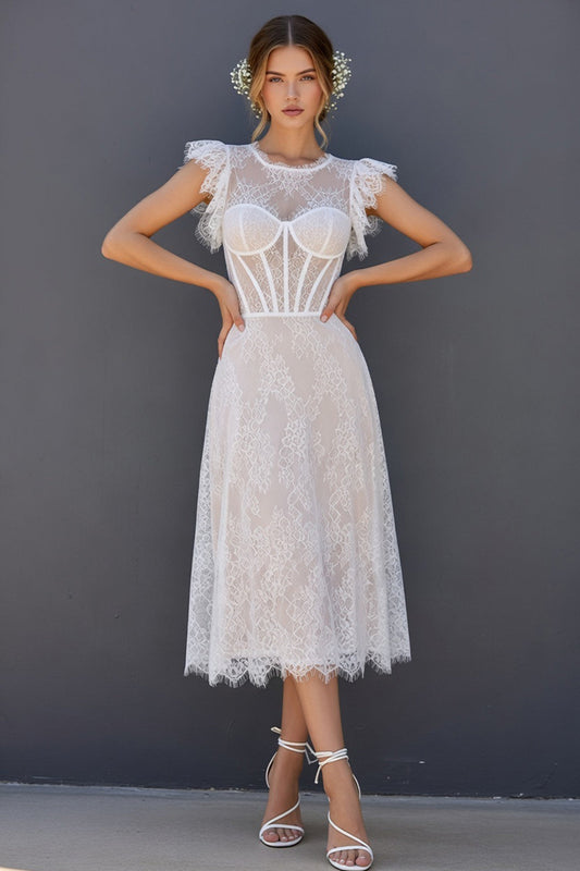 White Round Neck A Line Corset Maxi Boho Wedding Dress with Ruffles