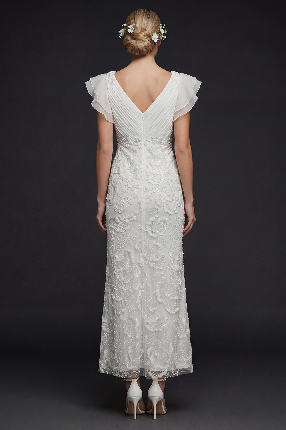 Sparkly White Floral V Neck Maxi Appliqued Beaded Boho Wedding Dress with Ruffles