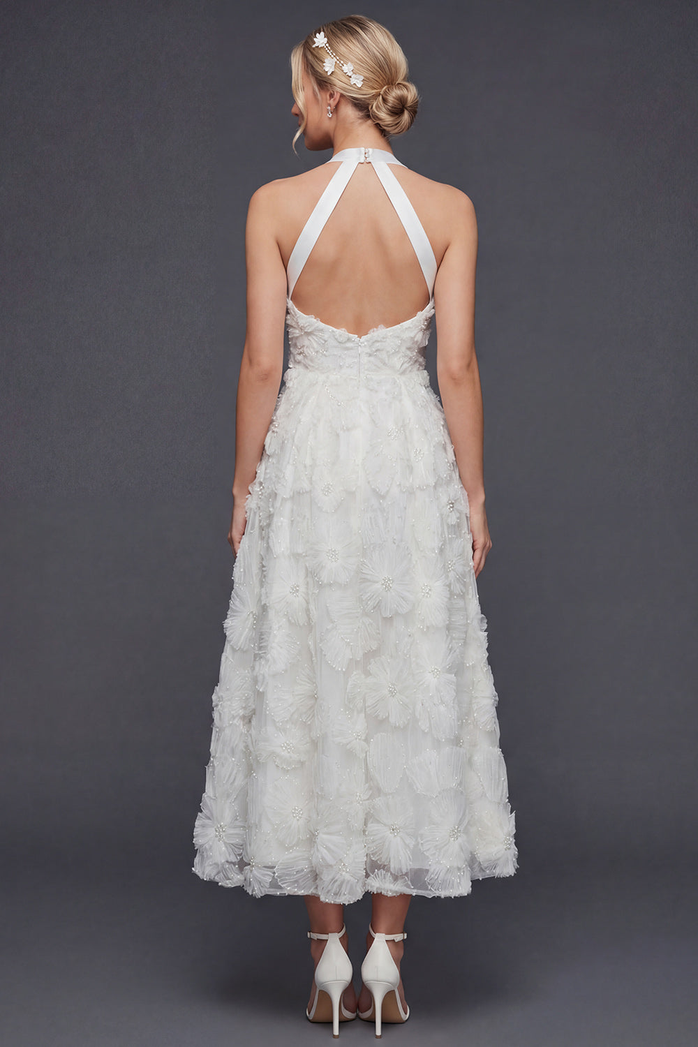 White A Line Halter Maxi Floral Boho Wedding Dress