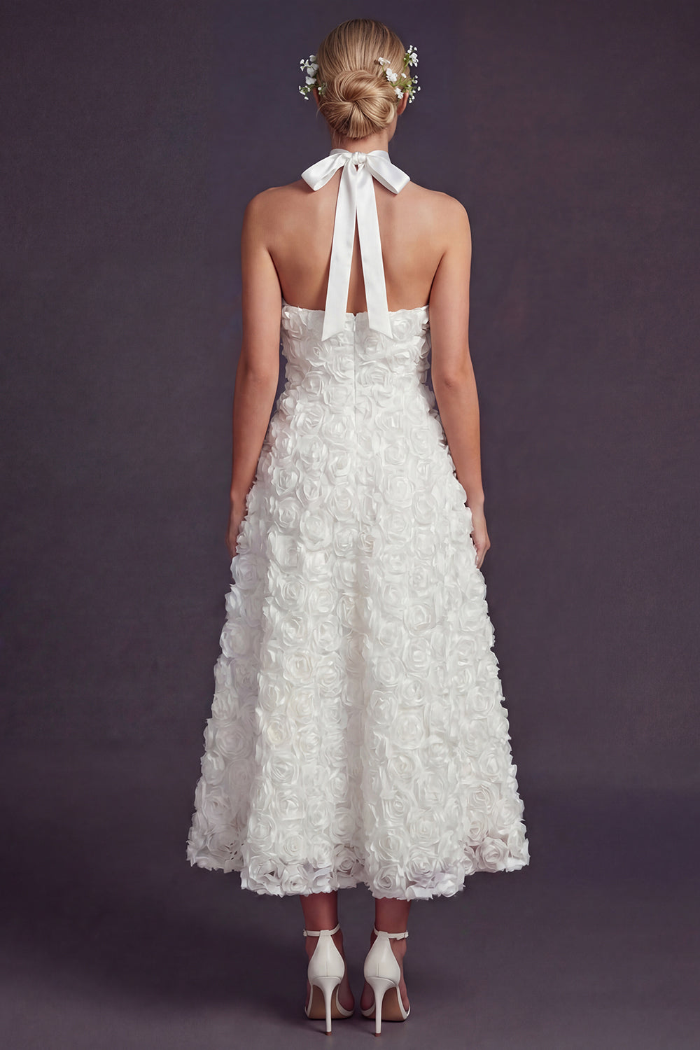 White Halter Maxi A Line Ruffled Boho Wedding Dress with 3D Flowers