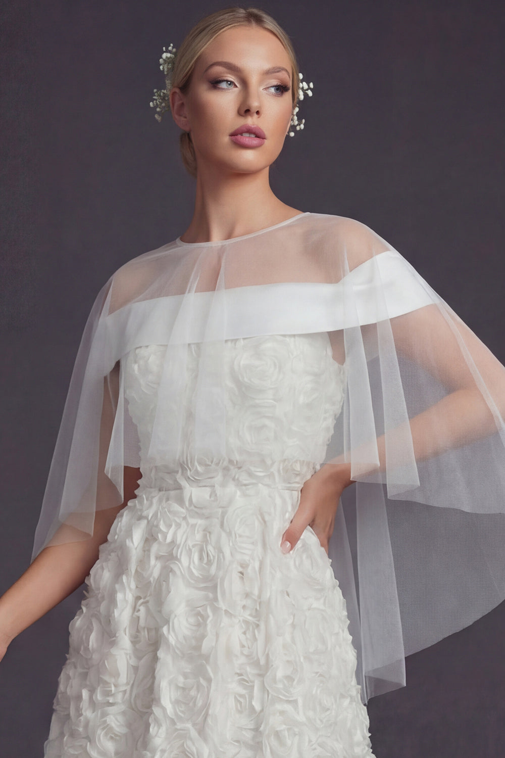 White Sweep Train A Line Floral Boho Wedding Dress with Cape