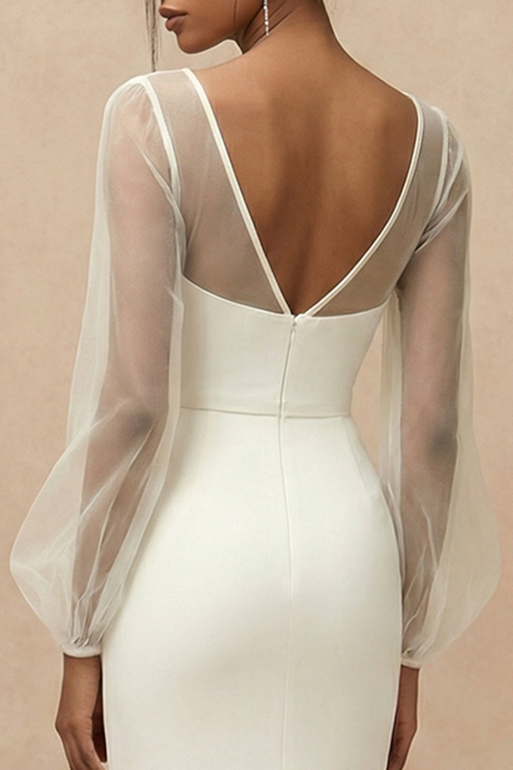 White Long Mermaid Bateau Neck Engagement Dress with Sleeves