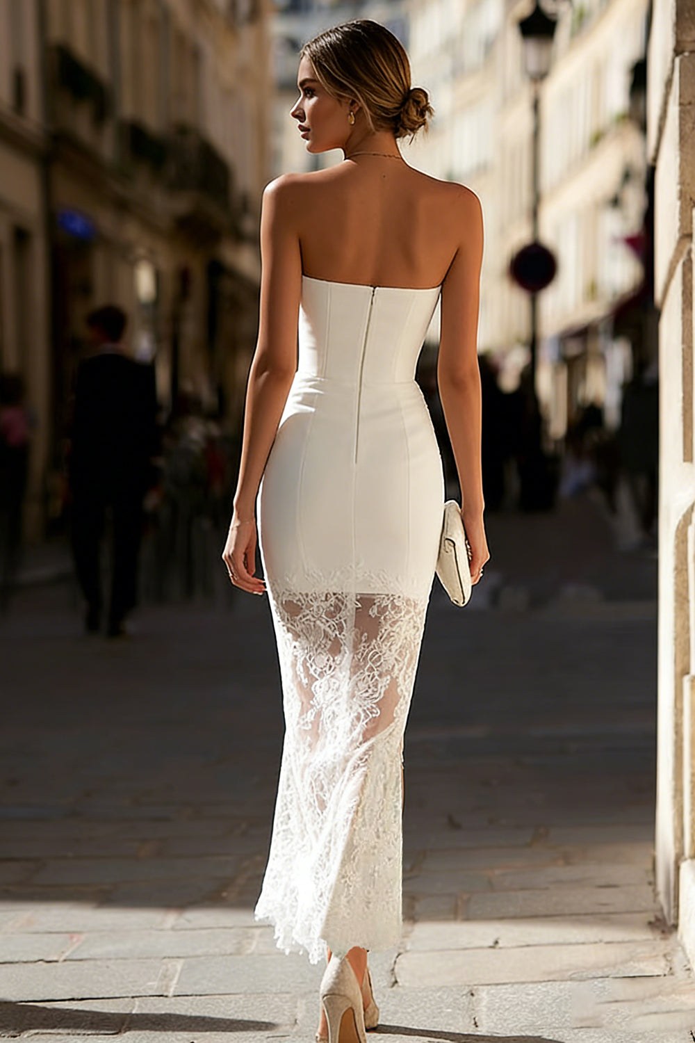 White Long Mermaid Strapless Lace Engagement Dress
