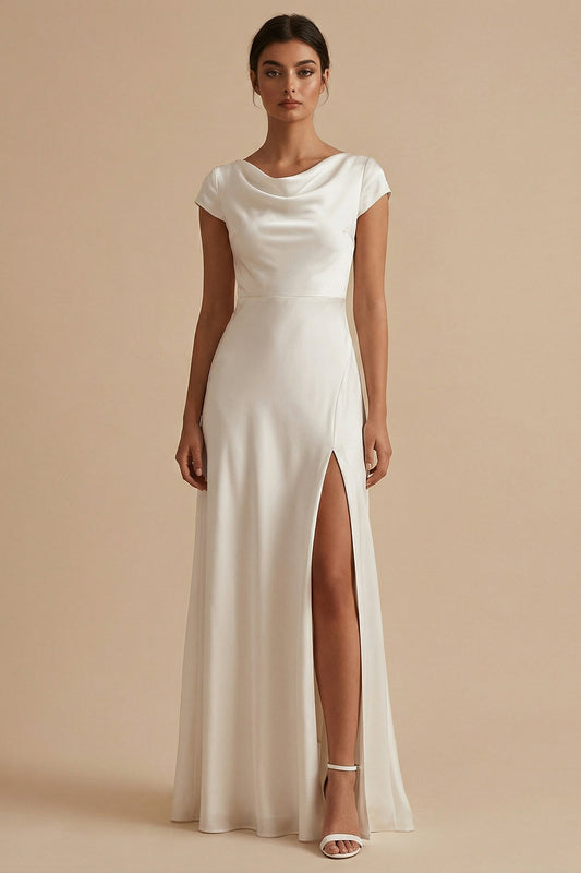 White Long Sheath Cowl Neck Engagement Dress with Slit