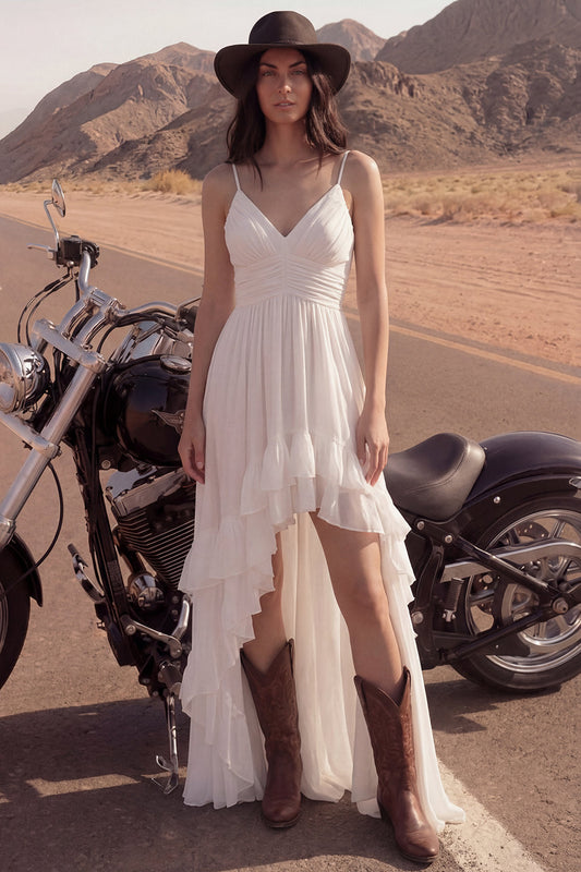 Ivory A Line High-Low Spaghetti Straps Beach Wedding Dress with Ruffles