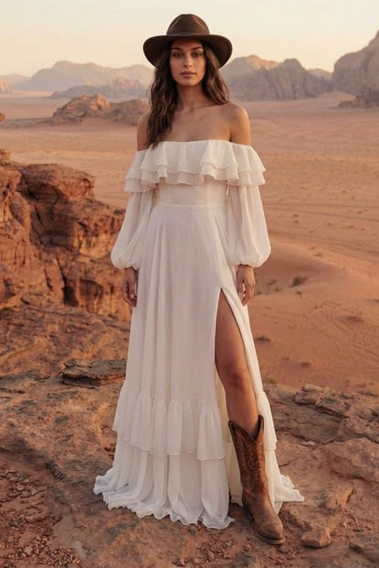 Maxi A Line Ivory Beach Wedding Dress with Ruffles
