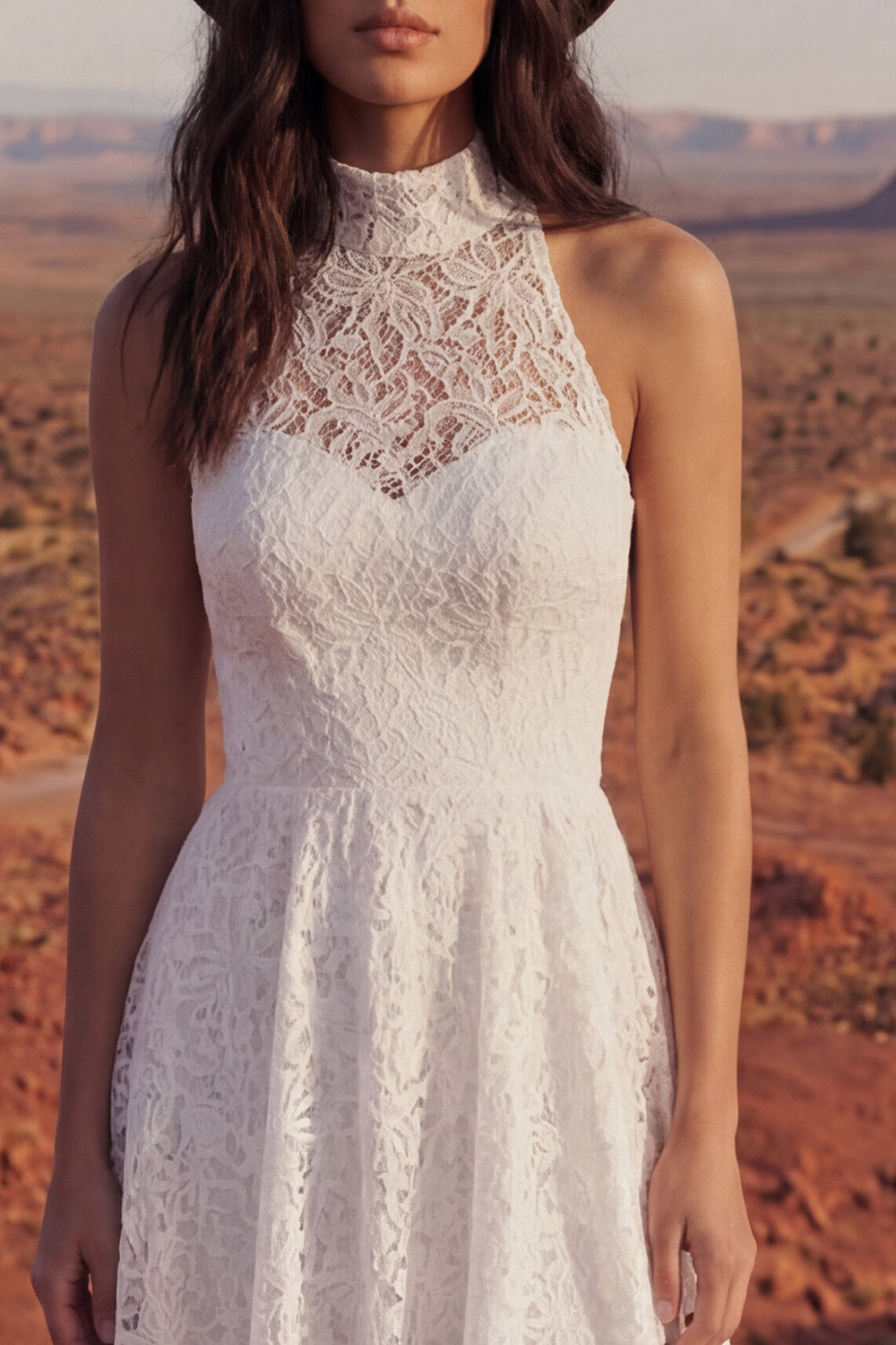 A Line Floral Ivory High Low Lace Boho Wedding Dress