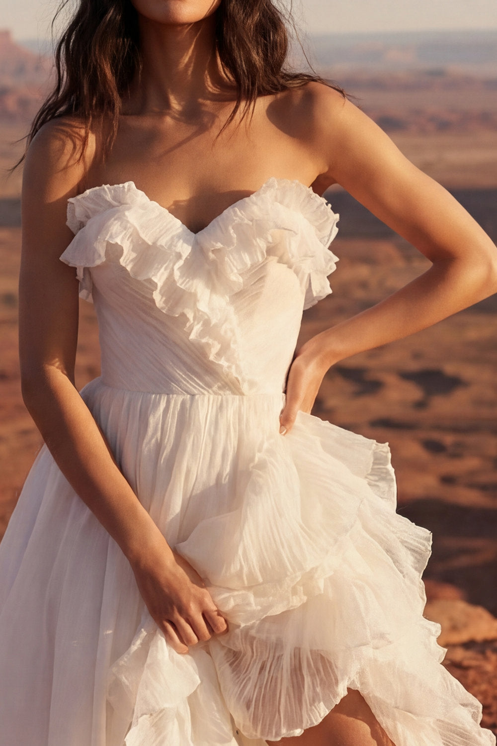 Maxi Strapless A Line Ivory Beach Wedding Dress with Ruffles
