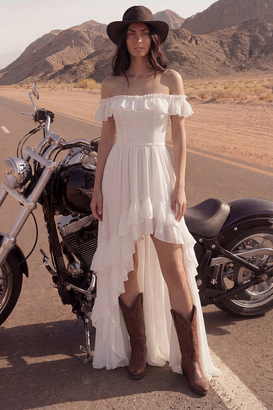 A Line High-Low Ivory Beach Wedding Dress with Ruffles