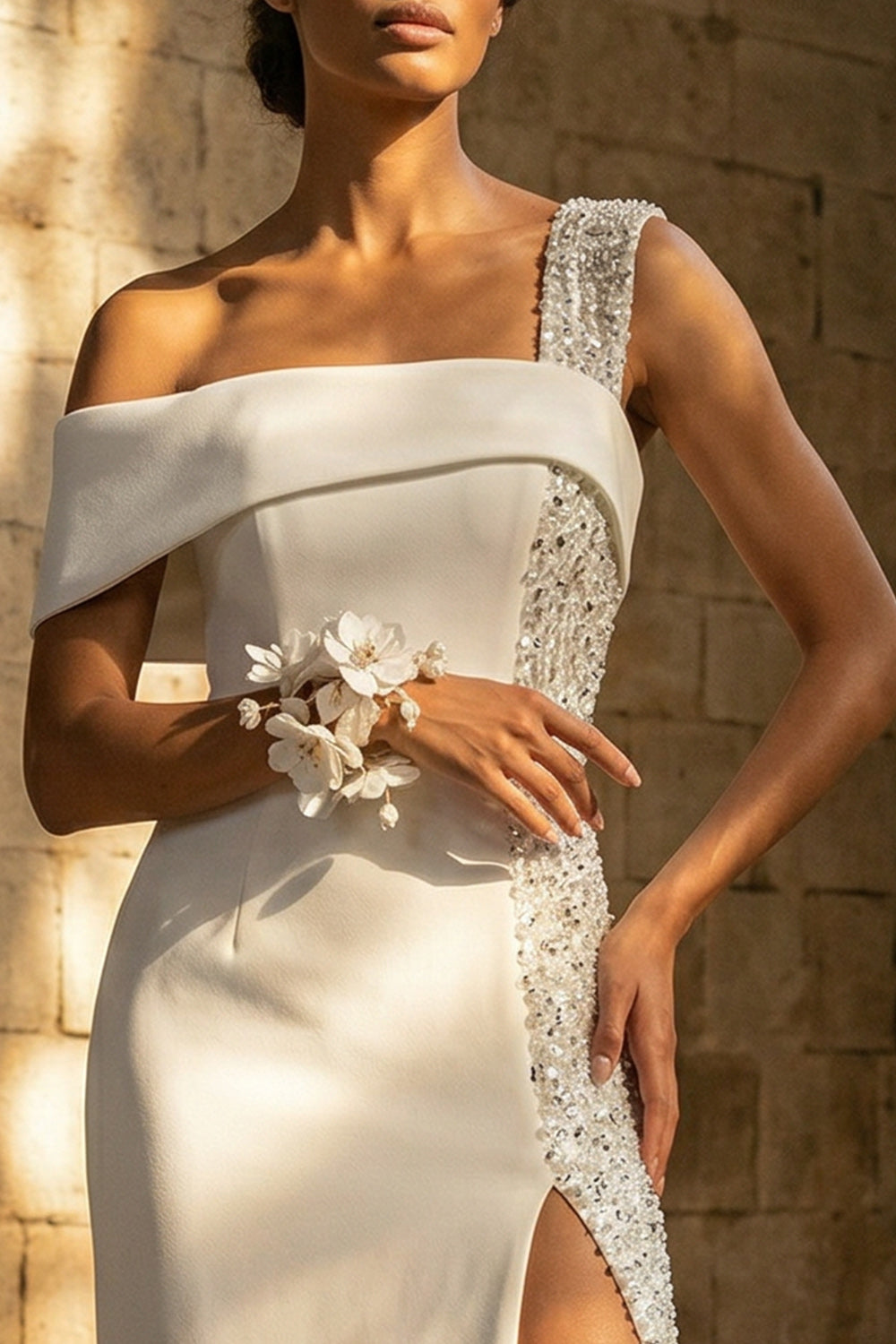 Sheath Maxi White Beaded Beach Wedding Dress with Slit