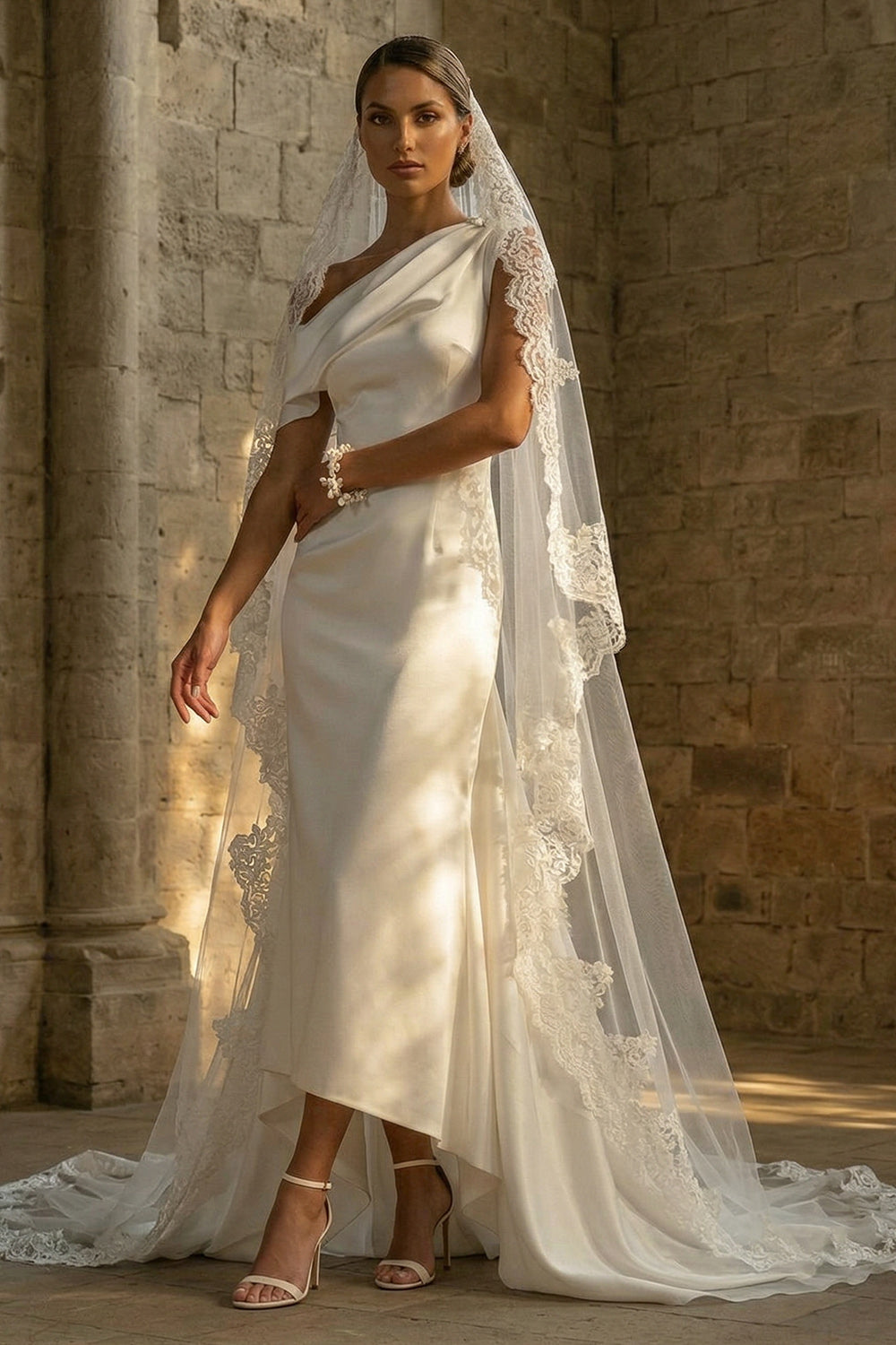 White High Low One Shoulder Beach Wedding Dress with Cape