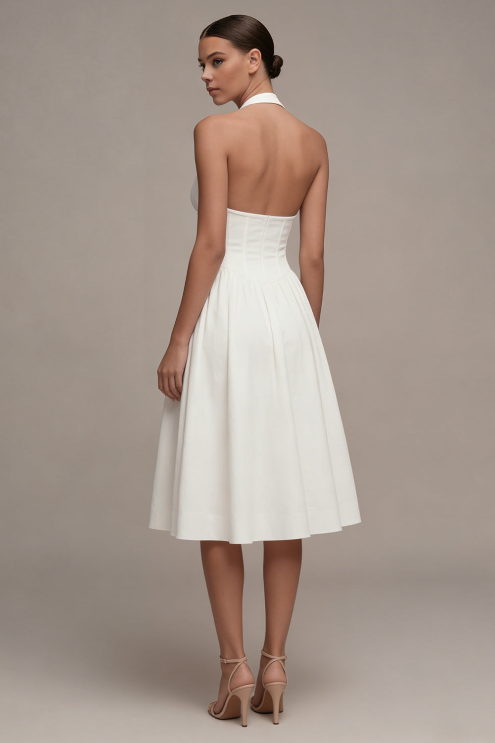 A Line Halter Midi Corset White Beach Wedding Dress