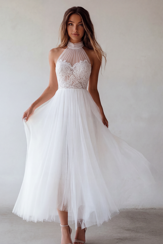 White A Line Maxi Floral Beach Wedding Dress with Lace