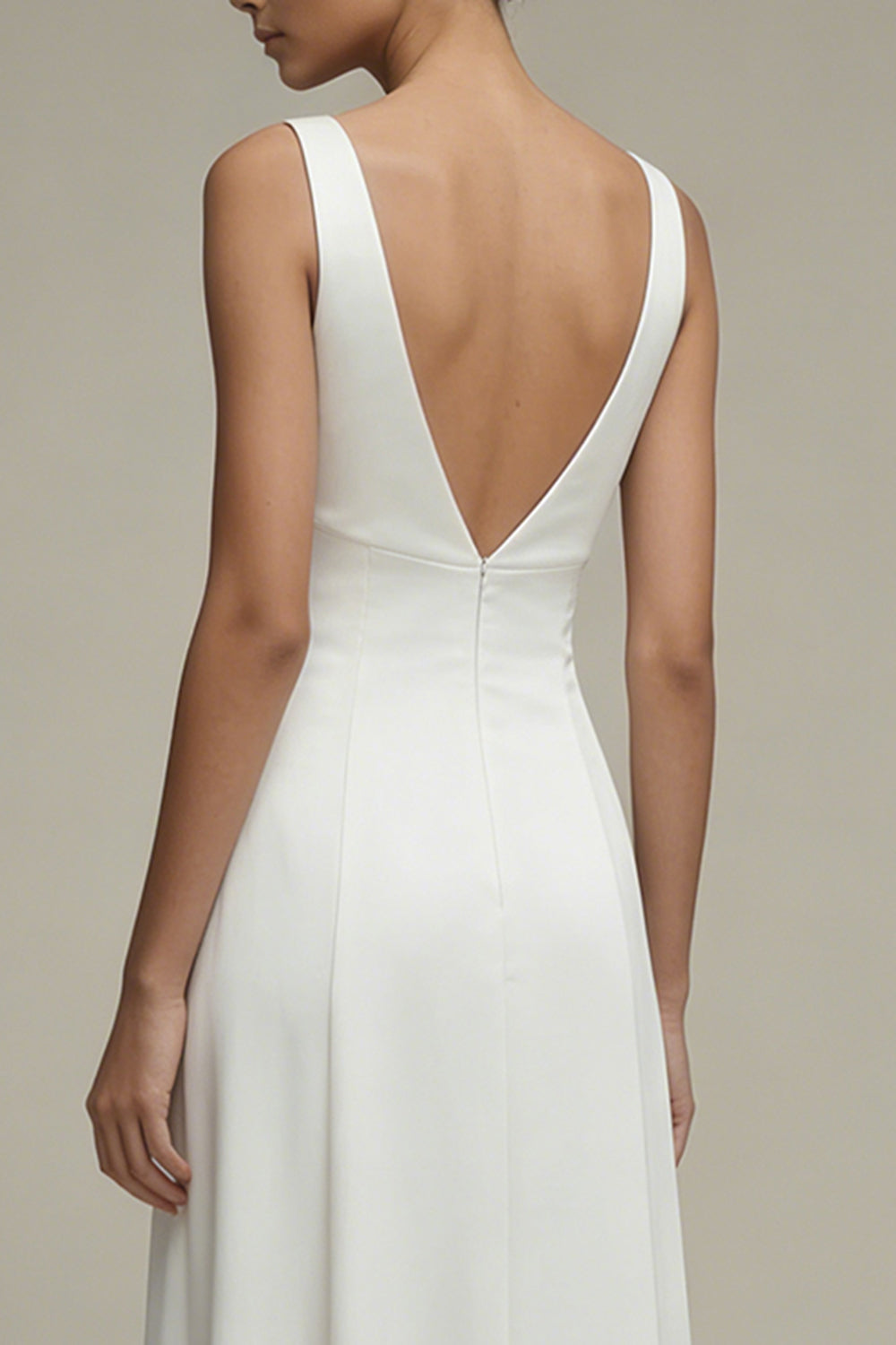 Simple A Line White V-Neck Maxi Beach Wedding Dress