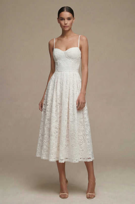 Spaghetti Straps White Corset Maxi A Line Boho Lace Wedding Dress