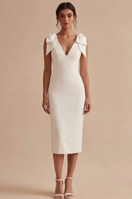 Bodycon Midi V-Neck White Beach Wedding Dress with Bow