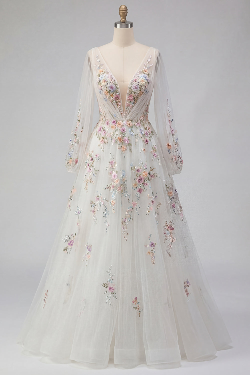 Long Sleeves Floral Ruched V-Neck White A Line Floor Length Wedding Dress