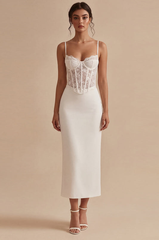 Corset Floral Sheath Maxi White Boho Wedding Dress with Lace